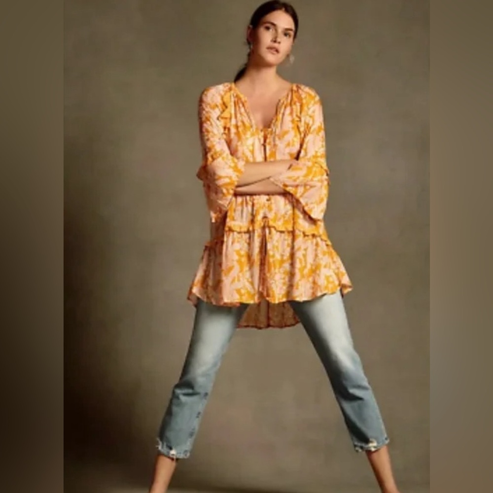 Anthropologie Mia Tiered Tunic Mini Dress Floral Orange Size S